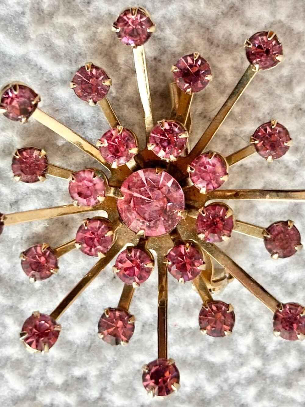 Vintage Gold Tone & Pink Stone Starburst Brooch